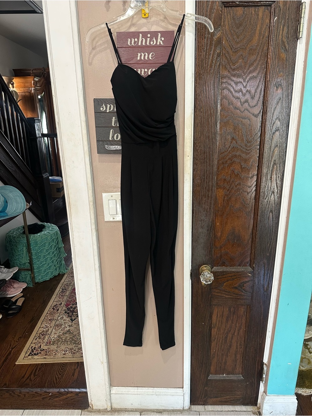 Charlotte Russe Black Draped Spaghetti-Strap Jumpsuit with Tailored Legs